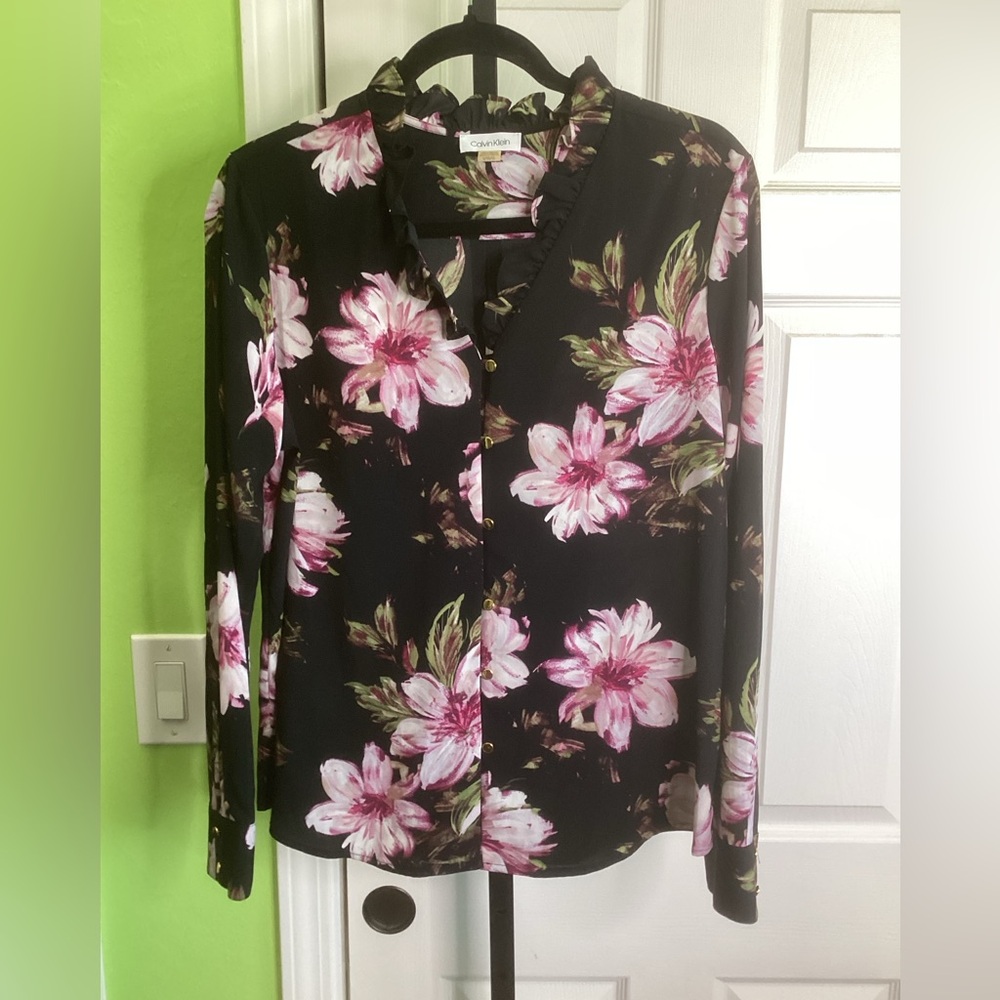 Calvin Klein Black Floral Blouse, size Large